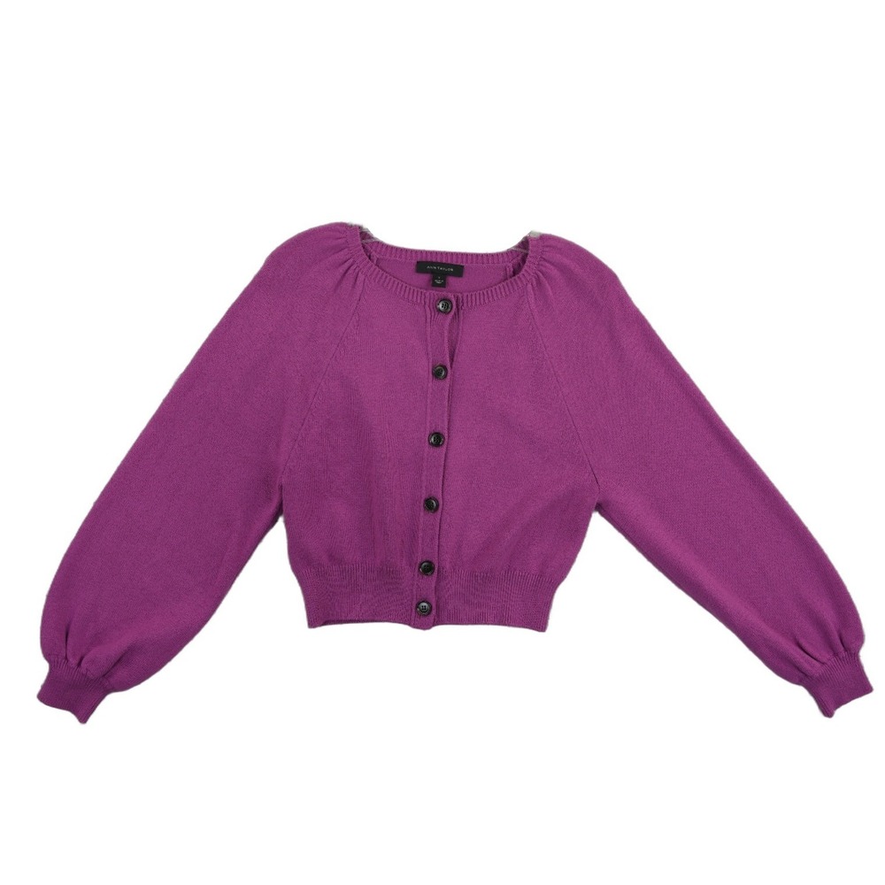 Ann Taylor Cardigan Sweater Women's Size Small Purple Pink‎ Cropped Puff Sleeve - Picture 2 of 7